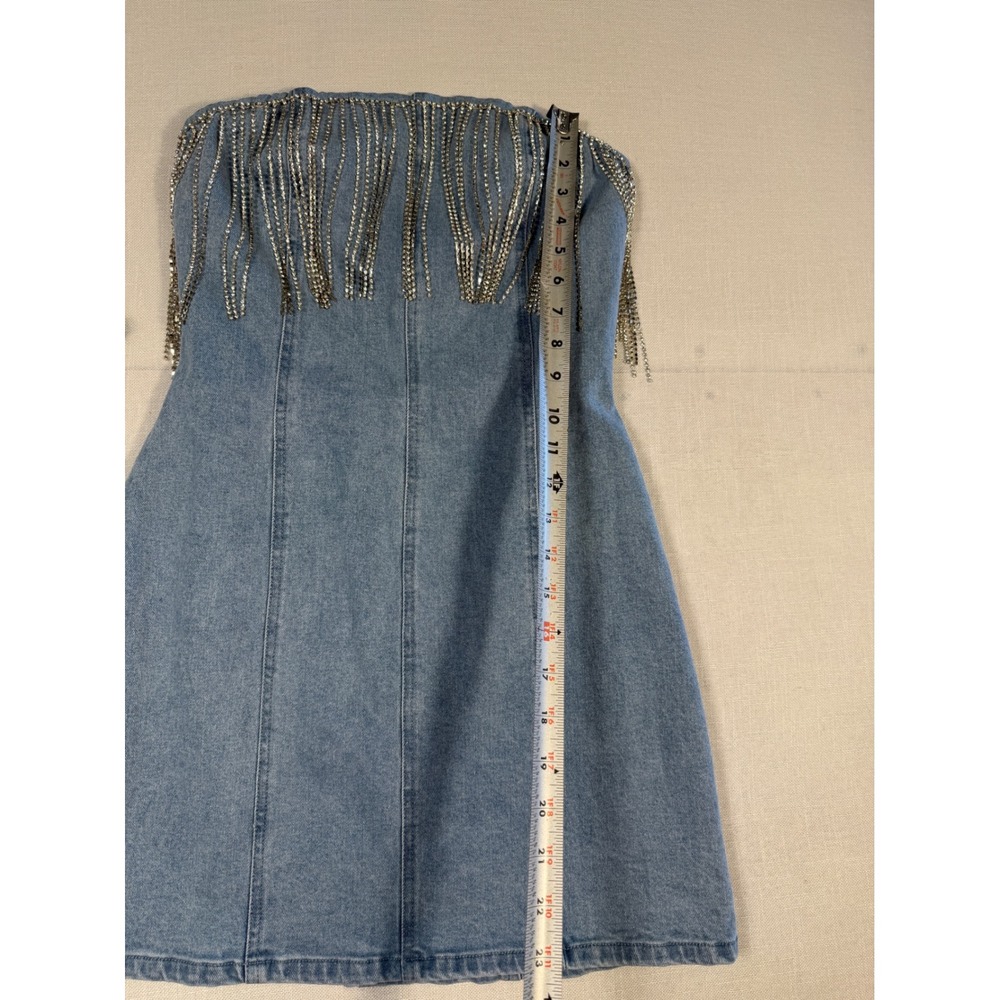 12th Tribe Rhinestone Fringe Denim Mini Dress Light Wash Strapless Blue Small - Picture 8 of 8